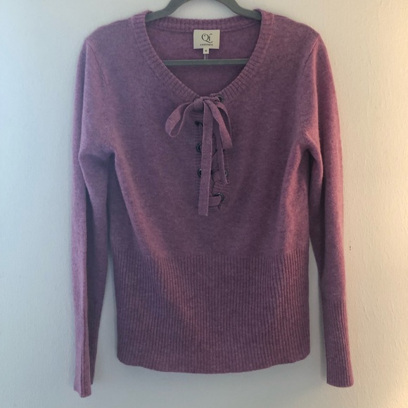 Qi Cashmere Sweater Lace Up Front 100% Cashmere Berry Mousse (Purple-Pink) M EUC - Picture 3 of 14